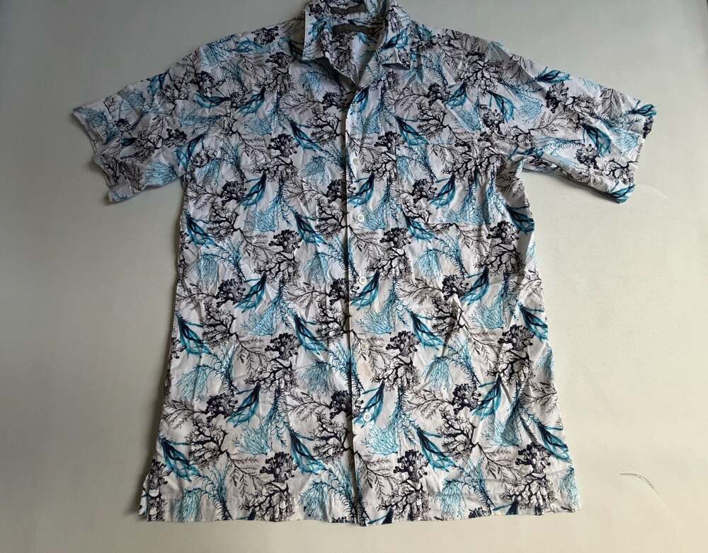 White Blue Botanical Print Short Sleeve Button Down Shirt